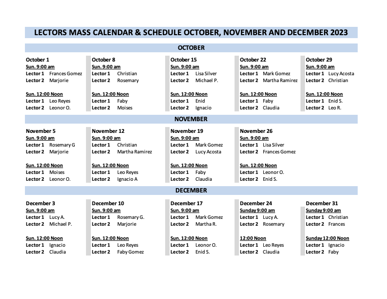 Schedules / Horarios St. Gerard Majella Catholic Church Los Angeles, CA
